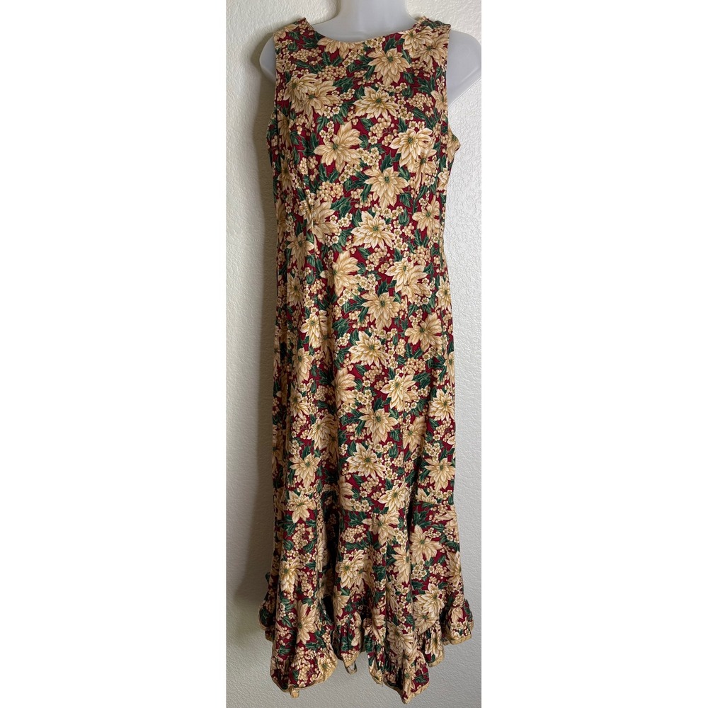 Hilo Hattie Womens 12 Maxi Dress Red Poinsettia Floral Ruffle Hem Made in Hawaii